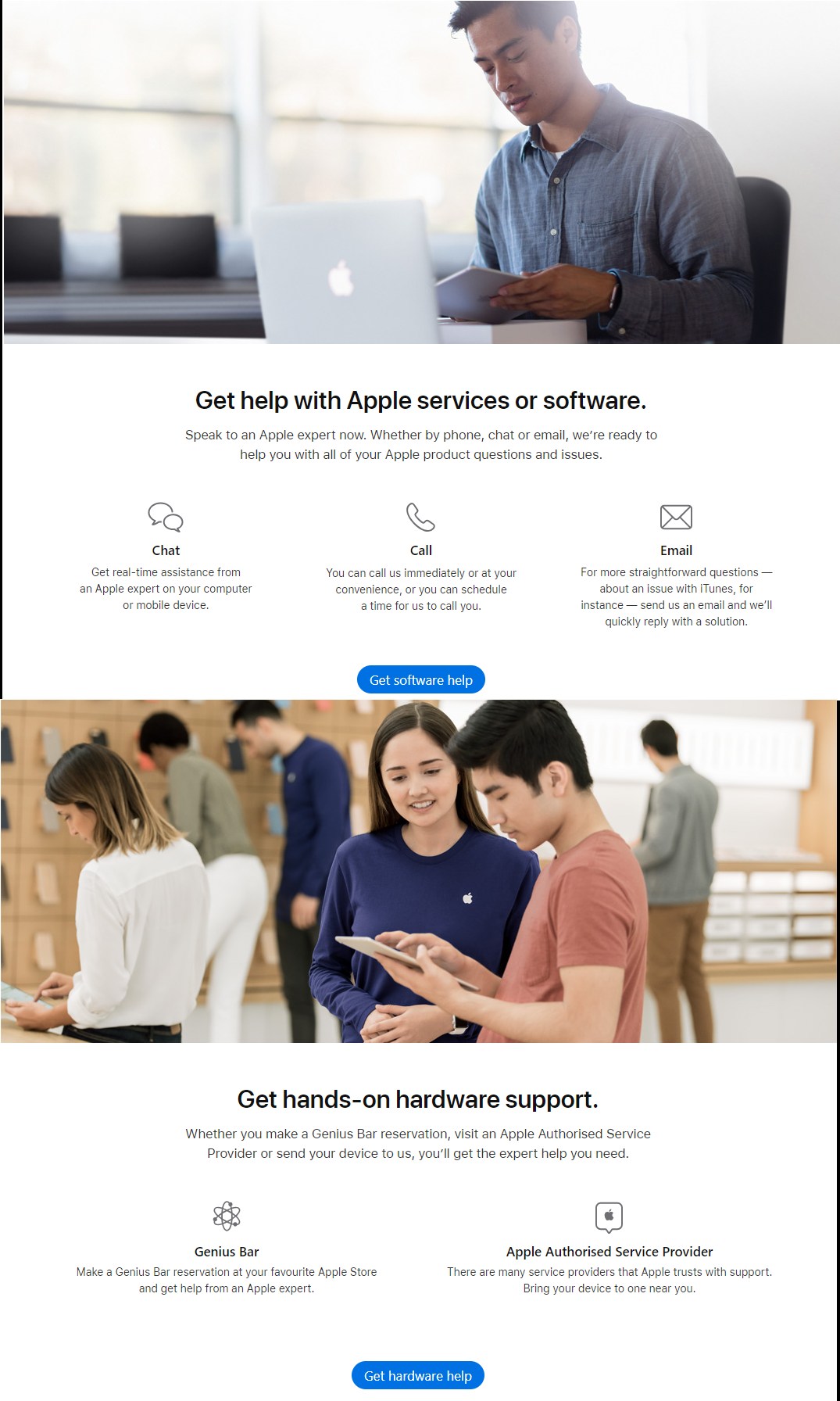 Apple customer experience example of getting help with Apple services or software or getting hands-on hardware support