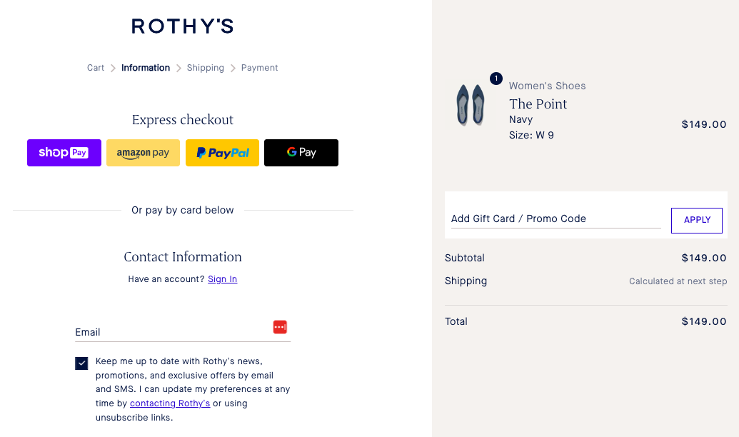 Rothy's checkout page