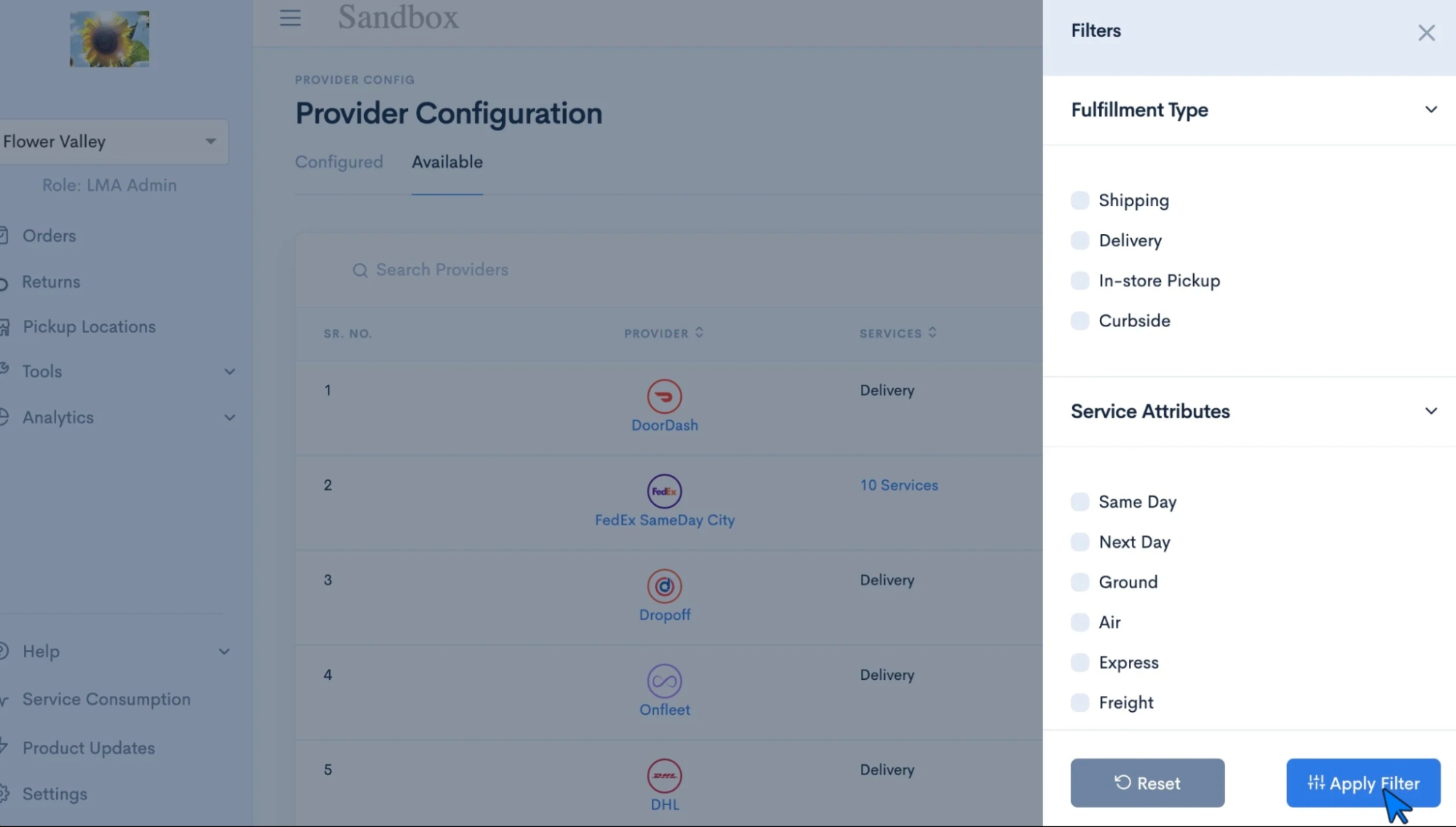 Diverse shipping options on Delivery Solutions OXM