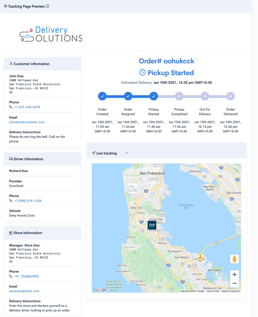 Delivery solutions tracking page preview