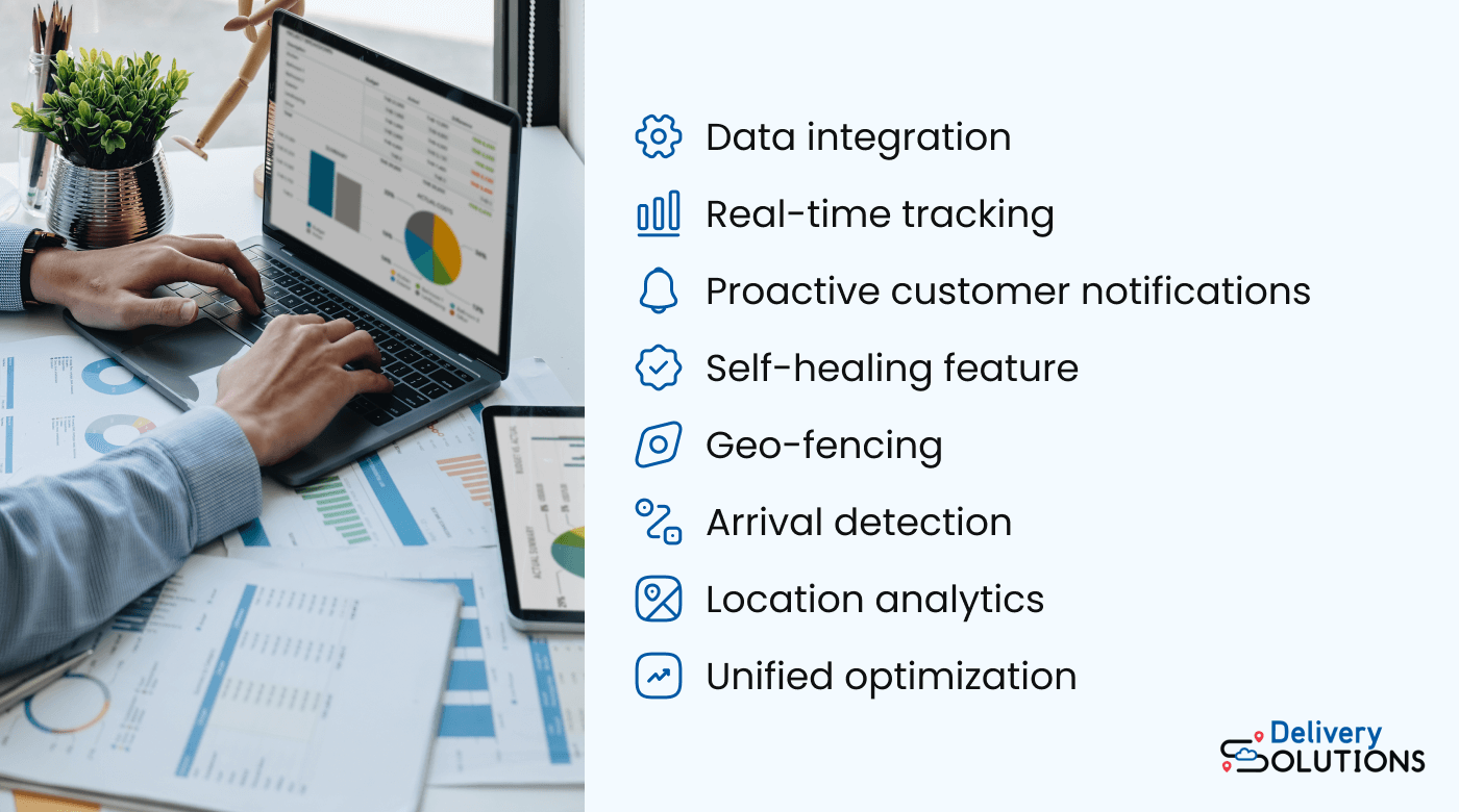 Graphic showing the features of DeliverySolutions for improved ETA accuracy