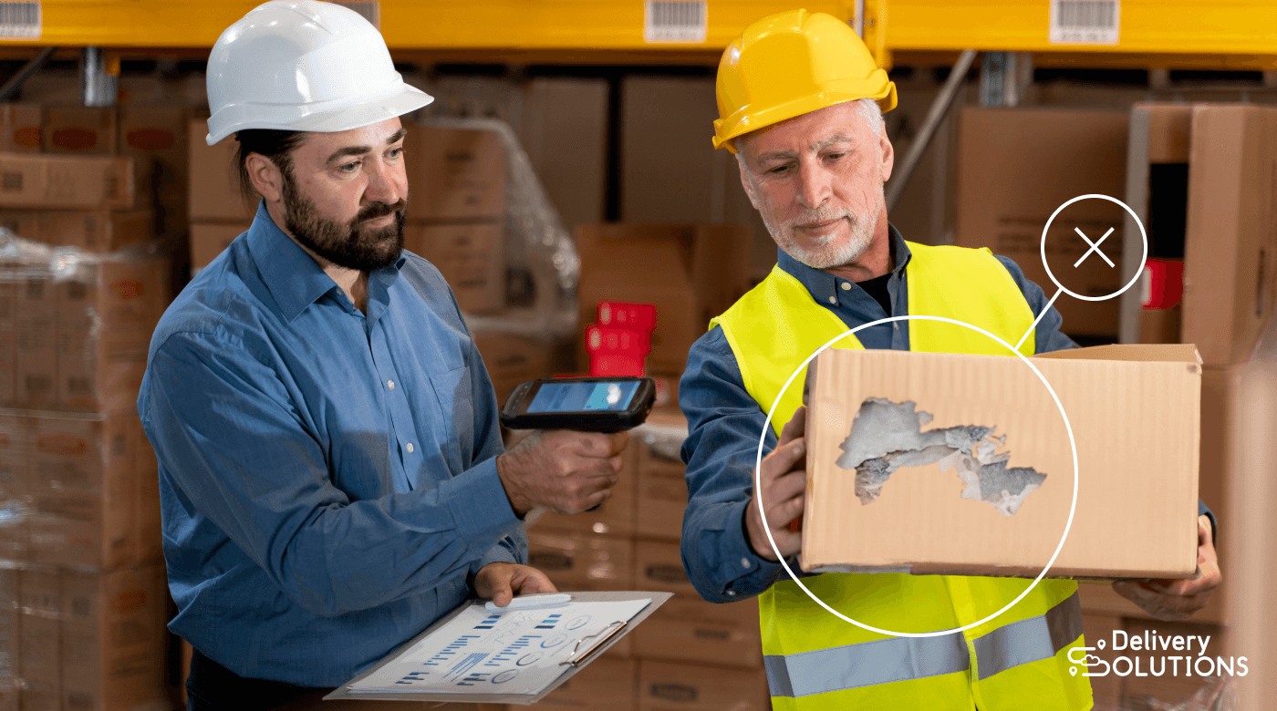 Warehouse workers checking damaged cargo