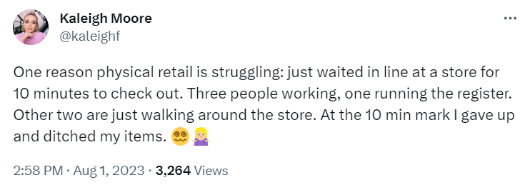 X post about issues with their in-store retail experience