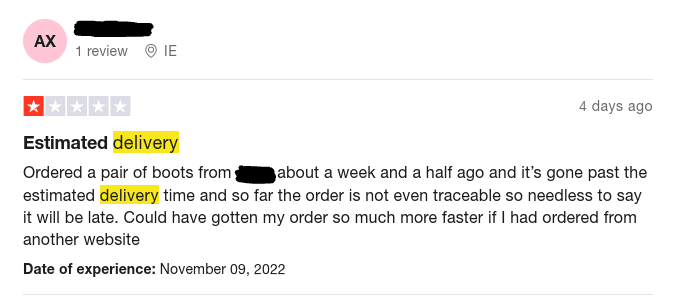 Negative review for late delivery