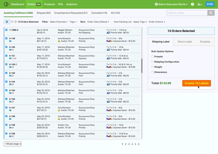 A screenshot of Ordoro’s dashboard showing various products and their details.