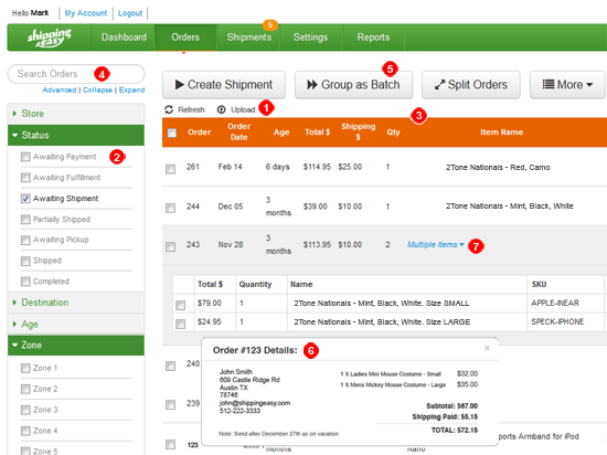 A screenshot showing how order management works in ShippingEasy.